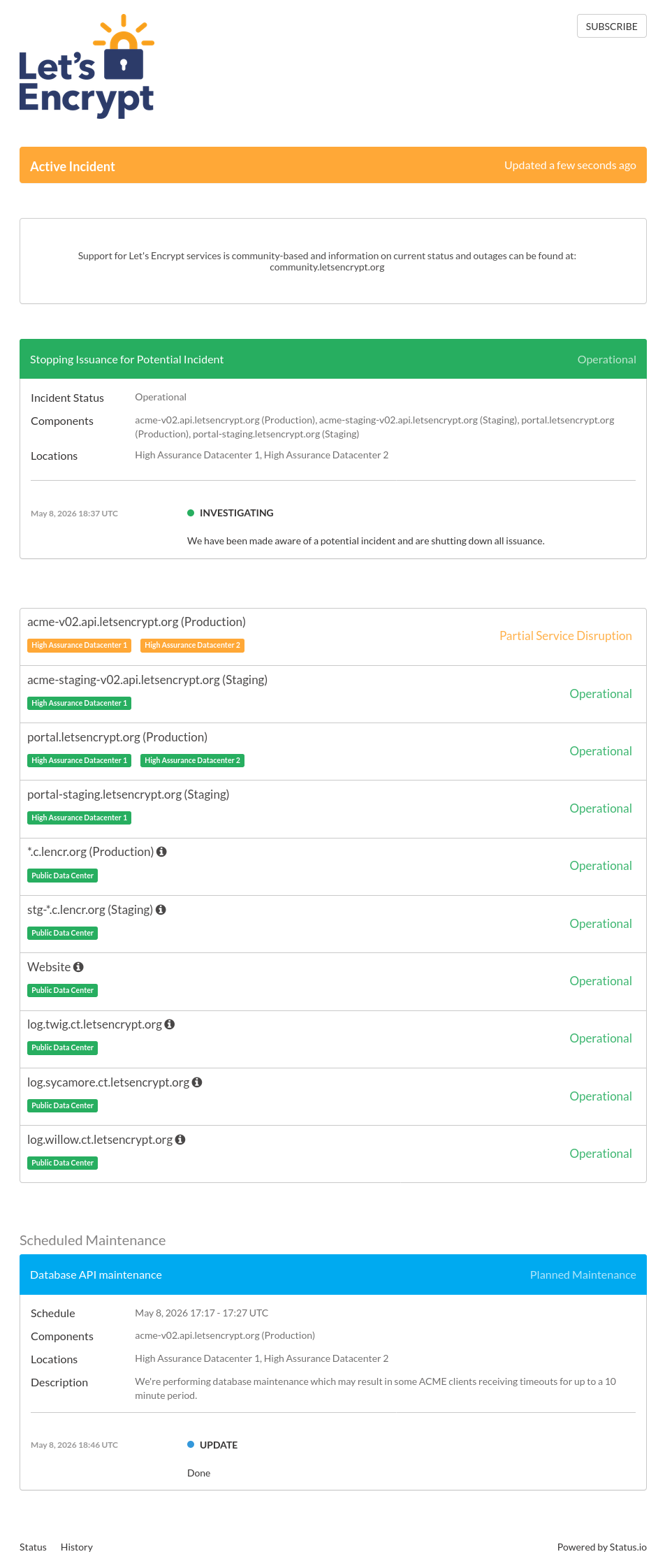 Capture d&rsquo;écran complète incident Let&rsquo;s Encrypt vendredi 8 mai 2026