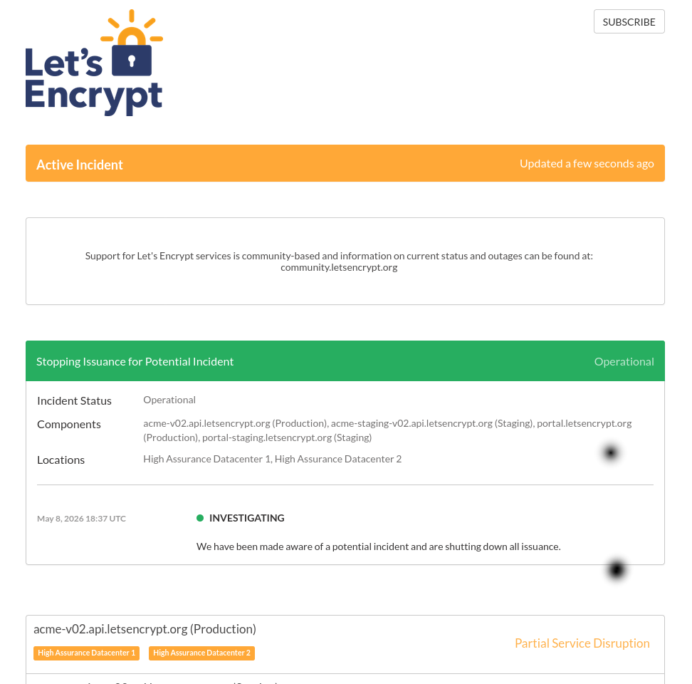 Capture d&rsquo;écran incident Let&rsquo;s Encrypt vendredi 8 mai 2026